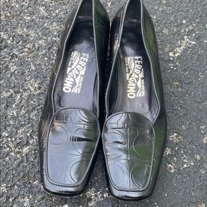 Salvatore Ferragamo Black Embossed Leather Square-Toe Loafers